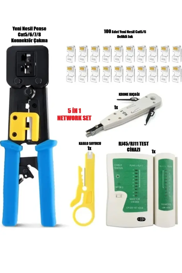 Yeni Nesil Pense + Rj45 Rj11 Test Cihazı + Kablo Soyucu + 100 Adet Yeni Nesil Rj45 + Krone Bıçağı Kep Kep Ethernet Bakım Kiti
