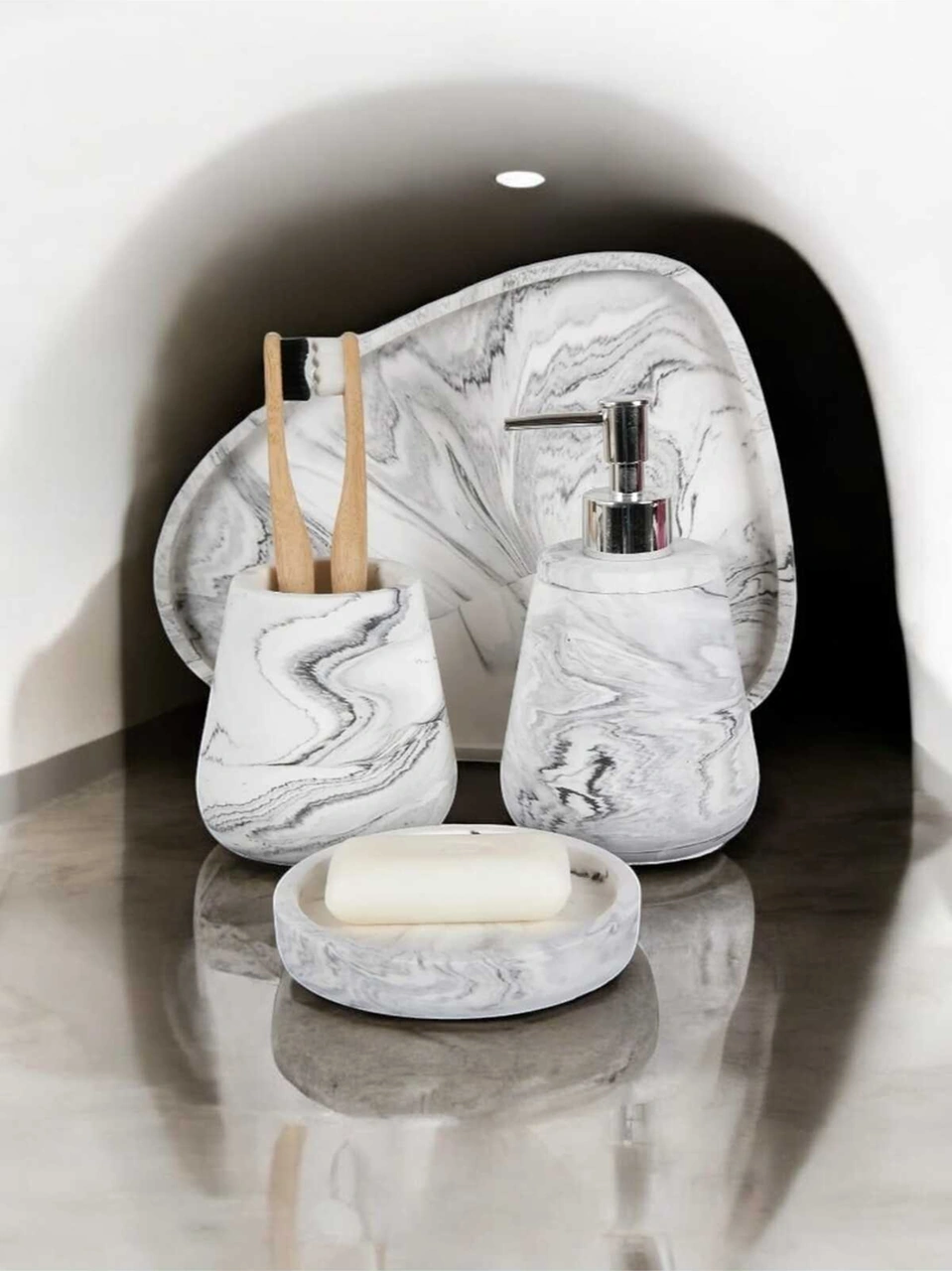 4'lü Mermer Desen Beton Banyo Seti Sıvı Sabunluk Diş Fırçalığı Aksesuar Takımı Gri