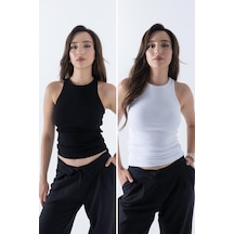 Mmetalic Fitilli Regular Fit Normal Kalıp Siyah-beyaz Bisiklet Yaka Sıfır Kol Pamuklu 2'li Kadın Atlet Gri - Lacivert