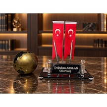 Velora Prestıge Gold 3 Parça Dünya Küreli Kişiye Özel Çift Kalemli Kristal Masa İsimliği Seti Siyah