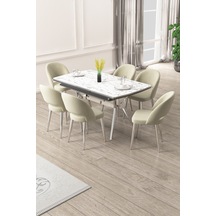 Canisa Weps Serisi 89x150 Açılabilir Lak Panel Beyaz Mermer Krom Ayak Masa Takımı Ve 6 Krem Sandalye Beyaz Mermer Desen Masa Krem Sandalye