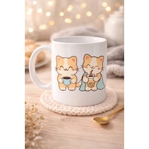 Sevimli Kedi Tasarımlı Porselen Kupa Model 194 İkili Cute Cat Baskılı Kahve Kupası Kedi Severlere Hediyelik Porselen Kupa Bardak 330 Ml Diğer