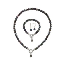 8,5 Mm Zirkon Taşlı Halka Kilitli Doğal İnci Küpe Kolye Bileklik Üçlü Set 45 Cm / Rose Gümüş