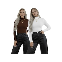 Hashtag Kadın Balıkçı Yaka Uzun Kollu Body 2'li Set Viskon Kumaş Kahverengi Beyaz