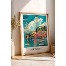 Portofino Italy Vintage Seyahat Posteri Çerçeveli Tablo - Premium Akdeniz Sahil Elit Duvar Dekoru Kayın