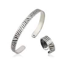 Gümüş Zebra Desenli Bileklik Ve Yüzük Set (551170875)