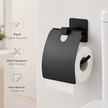Kare Kapaklı Tuvalet Kağıtlığı Siyah, Yapışkanlı Ve Vidalı Montajlı Metal Wc Kağıtlık, Modern Banyo Tuvalet Kağıdı Askısı