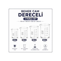 Beher Cam Dereceli 50 Ml 1 Adet, 100 Ml 1 Adet, 150 Ml 1 Adet, 250 Ml 1 Adet 4 Parça Set