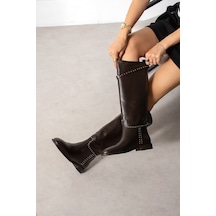 Dabab Shoes Frıo Kadın Acı Kahve Cilt Troklu Metal Tokalı Sıcak Astarlı Kaymaz Taban 3 Cm Topuklu Uzun Konç Çizme Acı Kahverengi