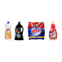 Bingo Sıvı Bulaşık Deterjanı 1500 Ml + Siyahlar 3 Lt + Renkliler İçin Toz Deterjan 1.5 Kg + Soft Yumuşatıcı 1440 Ml 4'lü Set