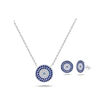 Brezza Lusso Jewelry Zarif Model 5 Sıra Nazar Boncuk Kadın Gümüş Kolye Küpe Seti 45 CM