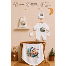 Pia Baby İsme Özel Kız Bebek Hastane Çıkışı Battaniyeli Tulum Seti %100 Pamuk Ham Bez Kıyafet Kesesi Yenidoğan Bebek Hediyesi 1012btk3x Ekru