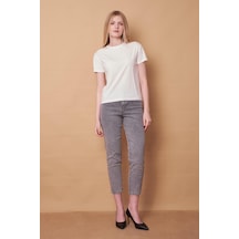Jument Kadın Sıfır Yaka Kırışmaz Span Karışımlı Şık Kısa Kol Likralı T-shirt Bluz-krem Krem