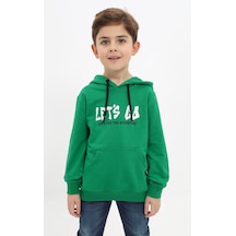 Toontoy Kids Toontoy Erkek Çocuk Relax Fit Kapüşonlu Cepli Baskılı Sweatshirt - 2 İplik Çimen Yeşili