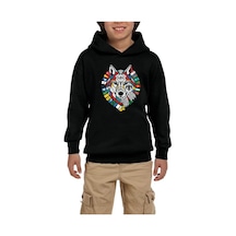 Zepplin Giyim Bayrak Çelenkli Bozkurt Başı Baskılı Siyah Çocuk Kapşonlu Sweatshirt