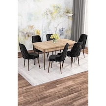 Zümra Serisi, Meşe Desen 80x132 Açılabilir Mdf Mutfak Masası Takımı 6 Adet Sandalye Siyah