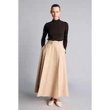 Defacto Kemer Detaylı Pileli Regular Fit Twill Maxı Etek I2357ax26aubg352 Bej-bg352