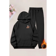 Unisex Siyah Mini Maymun Baskılı Eşofman Kapüşon- Kışlık Şardonlu Kumaş Siyah