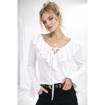 Kadın V Yaka Fırfır Detaylı Uzun Kollu Crop Trend Bluz 979 Beyaz