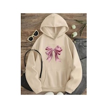 Herkesemoda Pembe Kurdele Baskılı Kapşonlu Sweatshirt Bej