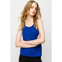 Kadın Kare Yaka Askılı T-shirt Saks Saks