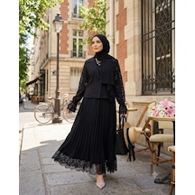Lovie Moda Kolları Dantel Detaylı Etekli Takım Siyah