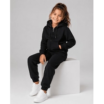 Eray Alp Kids Unisex Çocuk Siyah Kapüşonlu Fermuarlı Eşofman Takımı Günlük Rahat Kombin