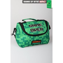 X Dekomus Lisanslı Creeper Piksel Desenli Termoslu Beslenme Çantası Açık Gri