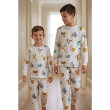 Zuzunga Erkek Çocuk %100 Pamuk Süprem Kumaş Uzun Kollu Mevsimlik Pijama Takımı BEYAZ