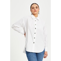 Kadın %100 Koton Oversize Gömlek Taş Düğme Detaylı Uzun Kollu Şık Model Beyaz