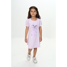 Toontoy Kız Çocuk Baskılı Relax Fit Bisiklet Yaka Kısa Kollu Elbise - Fırfır & Büzgü Detaylı Açık Lila
