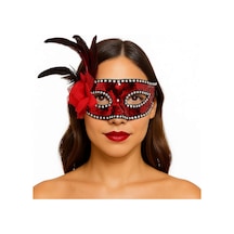 Kırmızı Renk Yandan Tüylü Güllü Gümüş Taşlı Pullu Maske 20x22 N177 Tüm Yaşlar