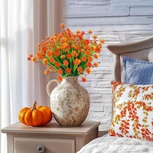 6lı Set Yapay Çiçek Sazlı Lotus Turuncu Renk 7 Dal Plastik 30cm