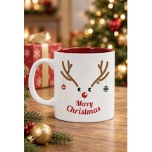 Mesela Yılbaşı Kupası Merry Christmas Desenli Kırmızı İçli Hediyelik Kahve Kupa Bardak Beyaz