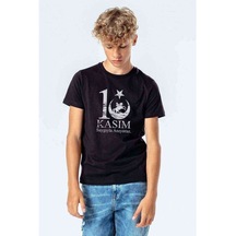 10 Kasım Sonsuzluk Ve Silüet Baskılı Unisex Çocuk Siyah Tshirt