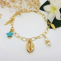 Turkuaz Doğal Taş & Altın Kaplama Deniz Kabuğu & Bakla Zincir Kad