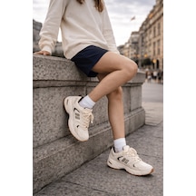 Muggo Shift Kadın Kalın Taban Bağcıklı Günlük Sneaker Spor Ayakkabı Bej