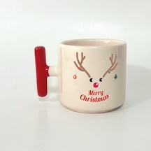 Merry Christmas Geyik Baskılı Kırmızı Kulplu T Yılbaşı Kupası