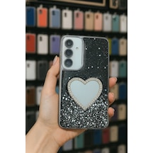 Samsung Uyumlu Galaxy S24 Plus Kılıf Kamera Çıkıntılı Simli Kalpli Aynalı İnce Premium Kalite Kapak
