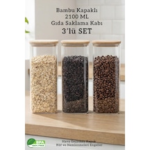 Bambu Kapaklı 2100 Ml Kare Saklama Kabı 3 Lü Set Büyük Boy Hava Geçirmez Bakliyat Kabı Şeffaf