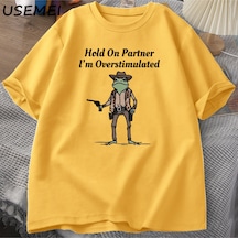 Flood Of Style Men's T-shirt Hold On Partner Im Overstimulated Funny Meme Graphic T Shirts Cowboy Frog T Shi Sarı