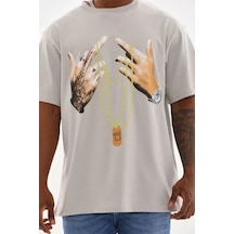 Yake Store Unisex Baskılı Oversize T-shirt - Gri - Gri Beyaz