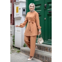 Misskayle Dikiş Detaylı Tesettür Camel Takım Camel