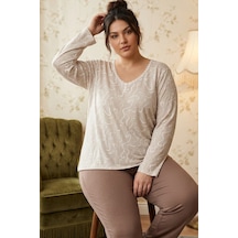 Siyah İnci Desenli Düğmeli Büyük Beden Battal Boy Viskon Örme Pijama Takım 26224825 Çok Renkli