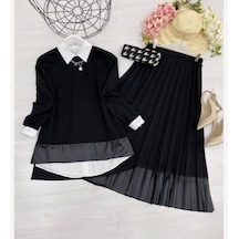Lovie Moda Kadın Deri Garnili Etekli Takım Siyah