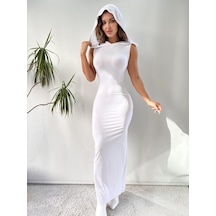 Beyaz Sıfır Kol Yırtmaç Detaylı Kapişonlu Maxi Elbise Beyaz