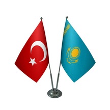 Masa Üstü Kazakistan Bayrağı Türk Bayrağı İkili Krom Direk Masa B