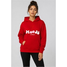 Herkesemoda Kiraz Baskılı Kapüşonlu 2 İplik Şardonlu Sweatshirt Kırmızı