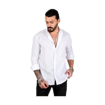 Deepsea Erkek Beyaz Çizgili Likralı Hakim Yaka Gömlek Beyaz