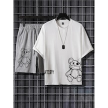 Bear Baskılı Gri Şort Beyaz T-shirt Takım Gri Beyaz